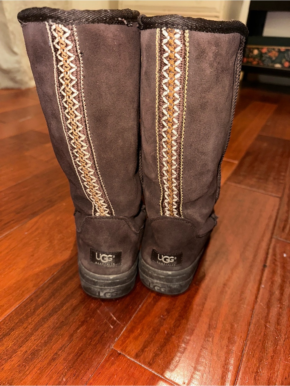 UGG Chocolate Brown Suede Mid-Calf Boots with Braided Back Trim